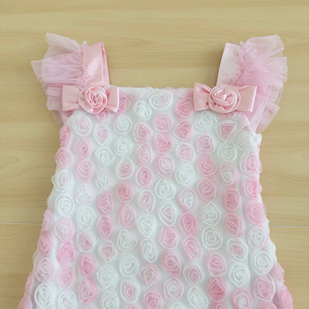 Jona Michelle Girls‎ Dress 4T Pink White 3D Rosette Tulle Ruffle Princess Dainty